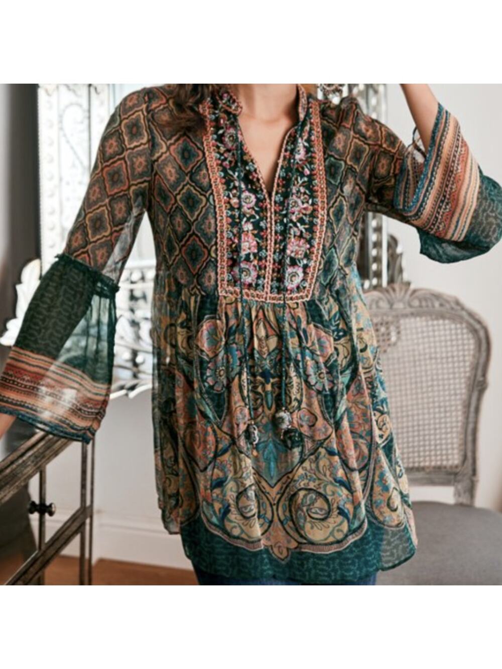 Soft Surroundings Shira Green Embroidered Tassel Neck Top